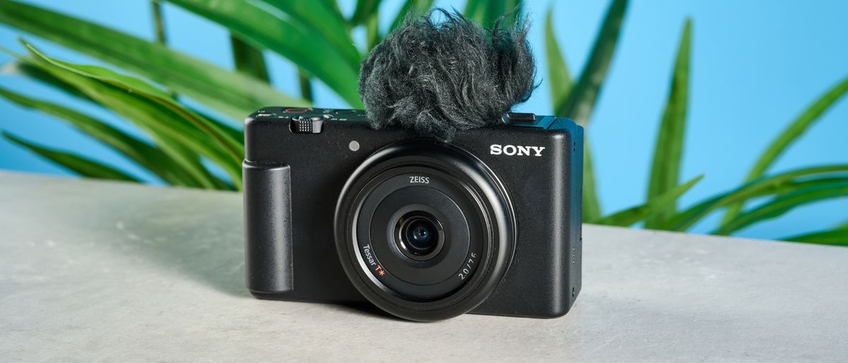 A black Sony ZV-1F compact vlogging camera