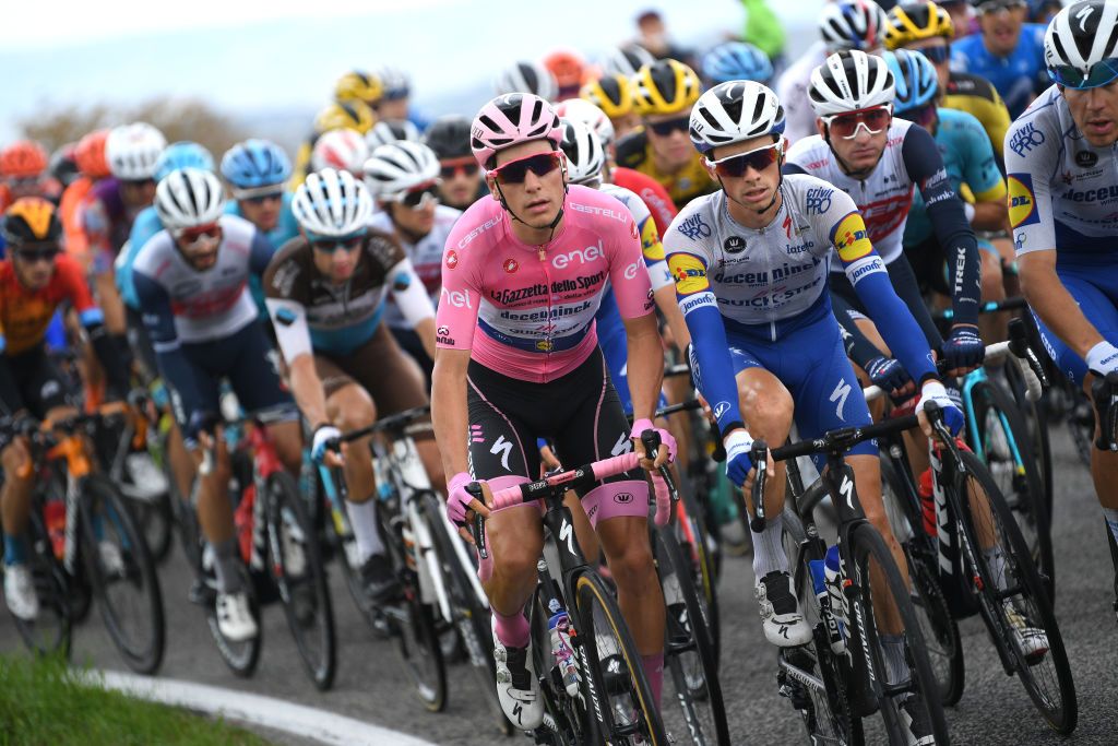 ROCCARASO ITALY OCTOBER 11 Joao Almeida of Portugal and Team Deceuninck QuickStep Pink Leader Jersey James Knox of The United Kingdom and Team Deceuninck QuickStep during the 103rd Giro dItalia 2020 Stage 9 a 207km stage from San Salvo to Roccaraso Aremogna 1658m girodiitalia Giro on October 11 2020 in Roccaraso Italy Photo by Tim de WaeleGetty Images