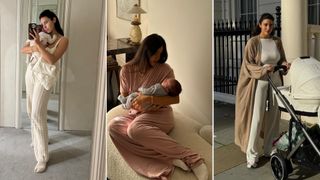 Bettina Looney in three outfits of postpartum clothes