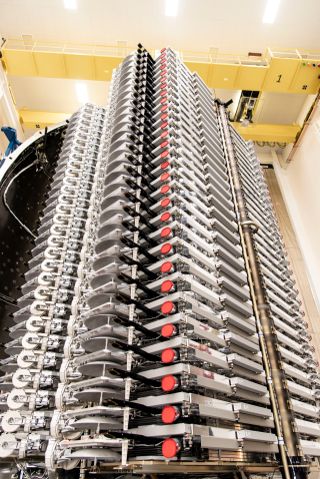 This SpaceX image shows the 60 Starlink satellites for a Nov. 11, 2019 launch in stacked configuration ahead of launch. It is the heaviest payload for a Falcon 9 yet.