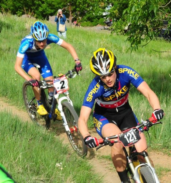 Katie Compton (Spike Shooter) chases Heather Irmiger with one lap to go.