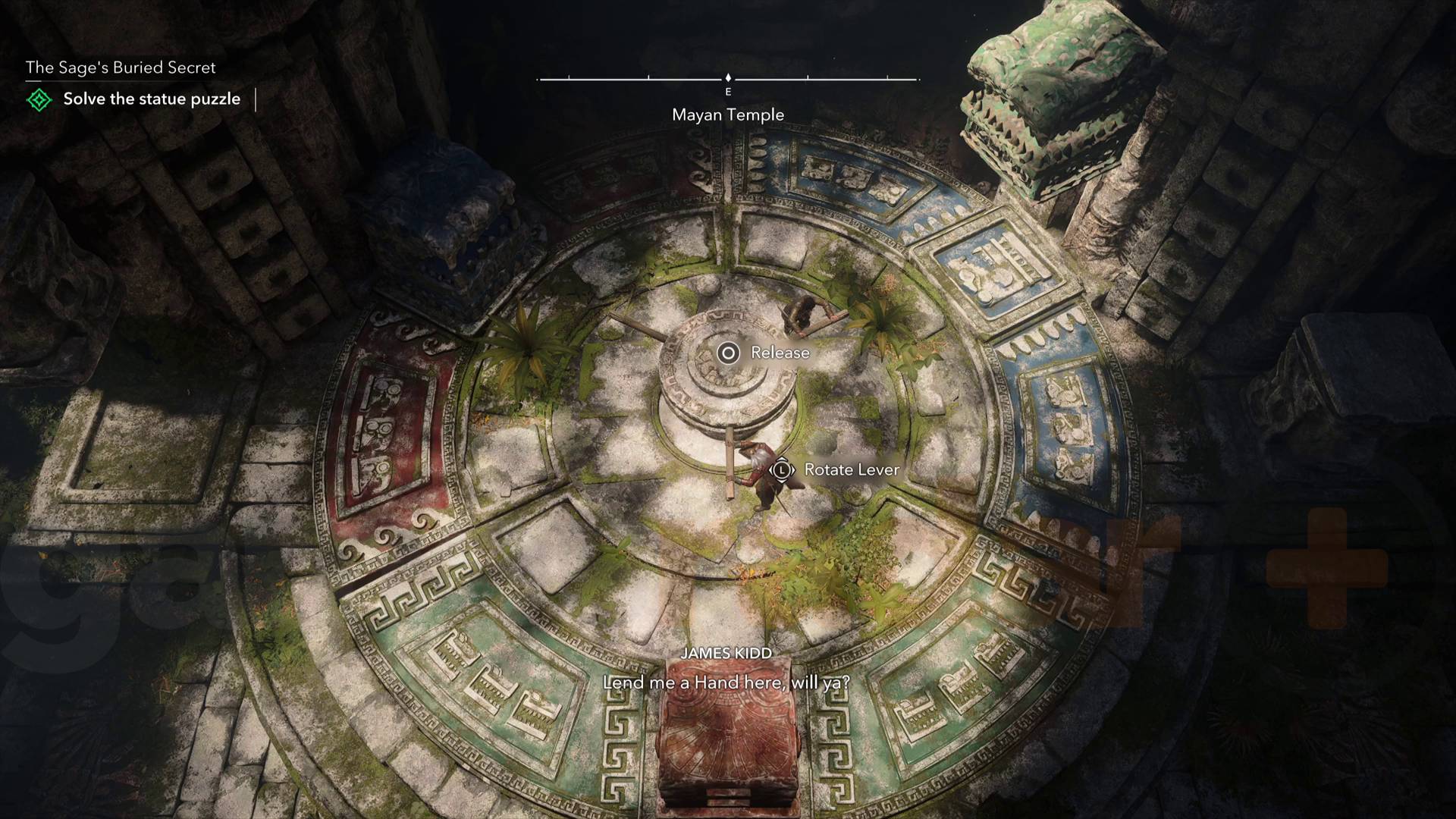 Assassin's Creed Black Flag Resynced mayan temple statue puzzle turntable with red, green, and blue sections and corresponding statues
