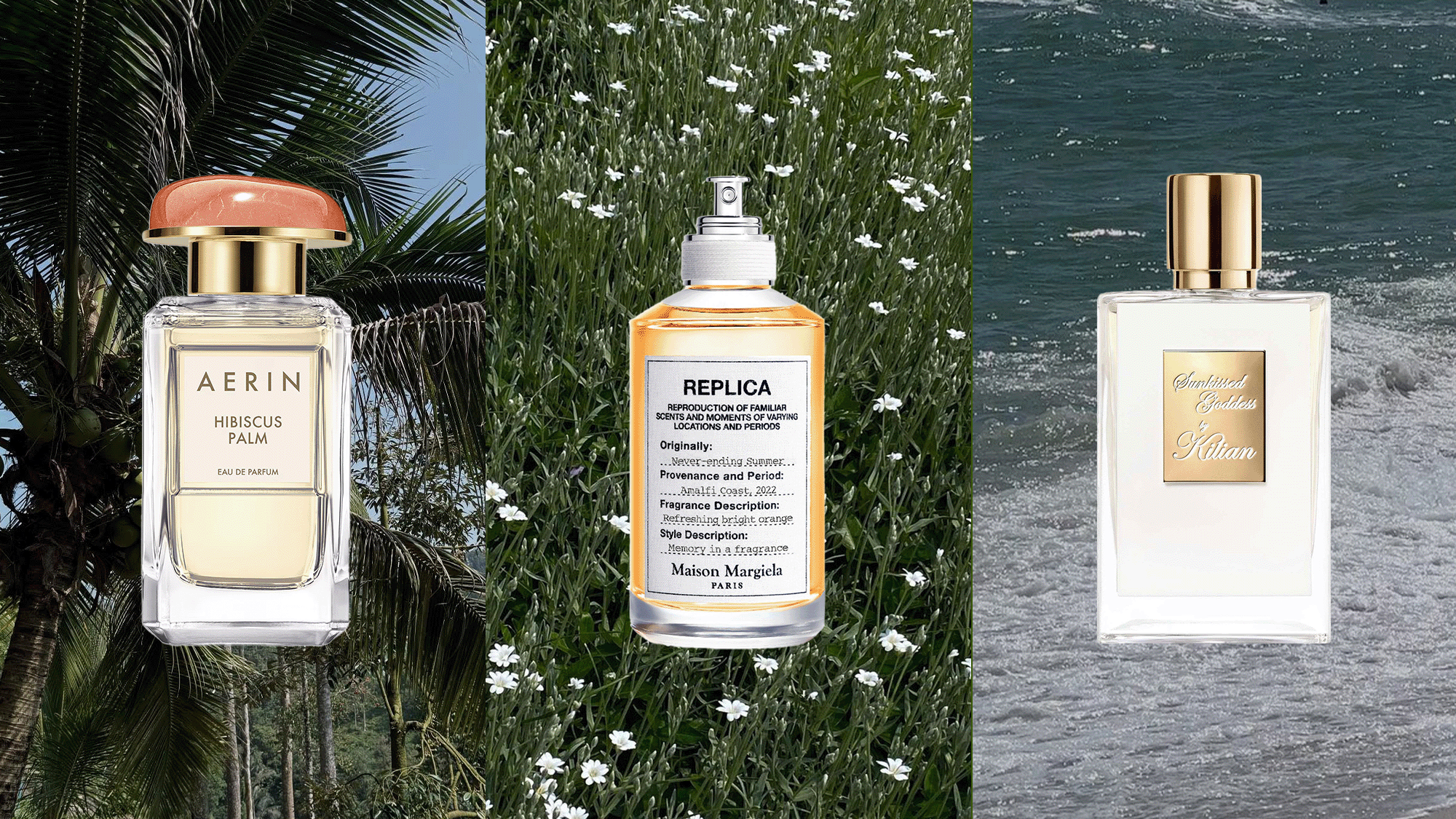 Collage of summer perfume bottles layered over. backdrop of palm trees, a field of tiny white flowers and ocean waves