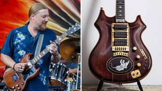 Derek Trucks [left] plays his Dickey Betts SG live onstage; [right] a portrait close-up of Jerry Garcia's Tiger guitar, which recently sold for $11,560,000.