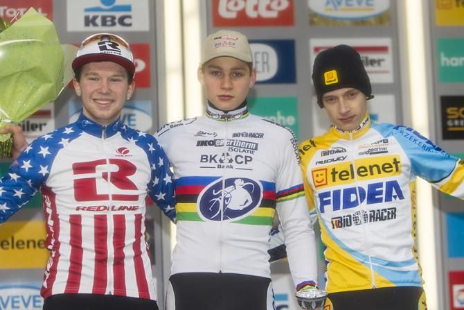 The Superprestige Diegem junior podium: Logan Owen, Mathieu van der Poel, Quinten Hermans