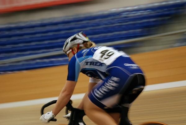 Jennie Reed wears the rainbow bands on her helmet as former keirin world champion