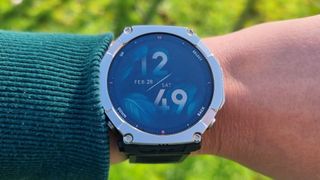 a close-up picture of our reviewer wearing the Amazfit T-Rex Ultra 2 smartwatch