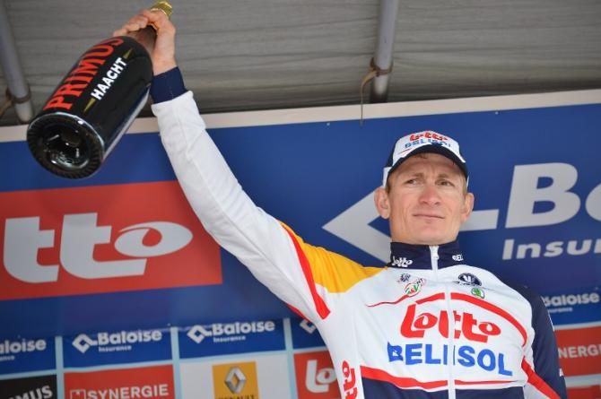 Andre Greipel (Lotto Belisol) on the podium after winning stage 1 at the Tour of Belgium