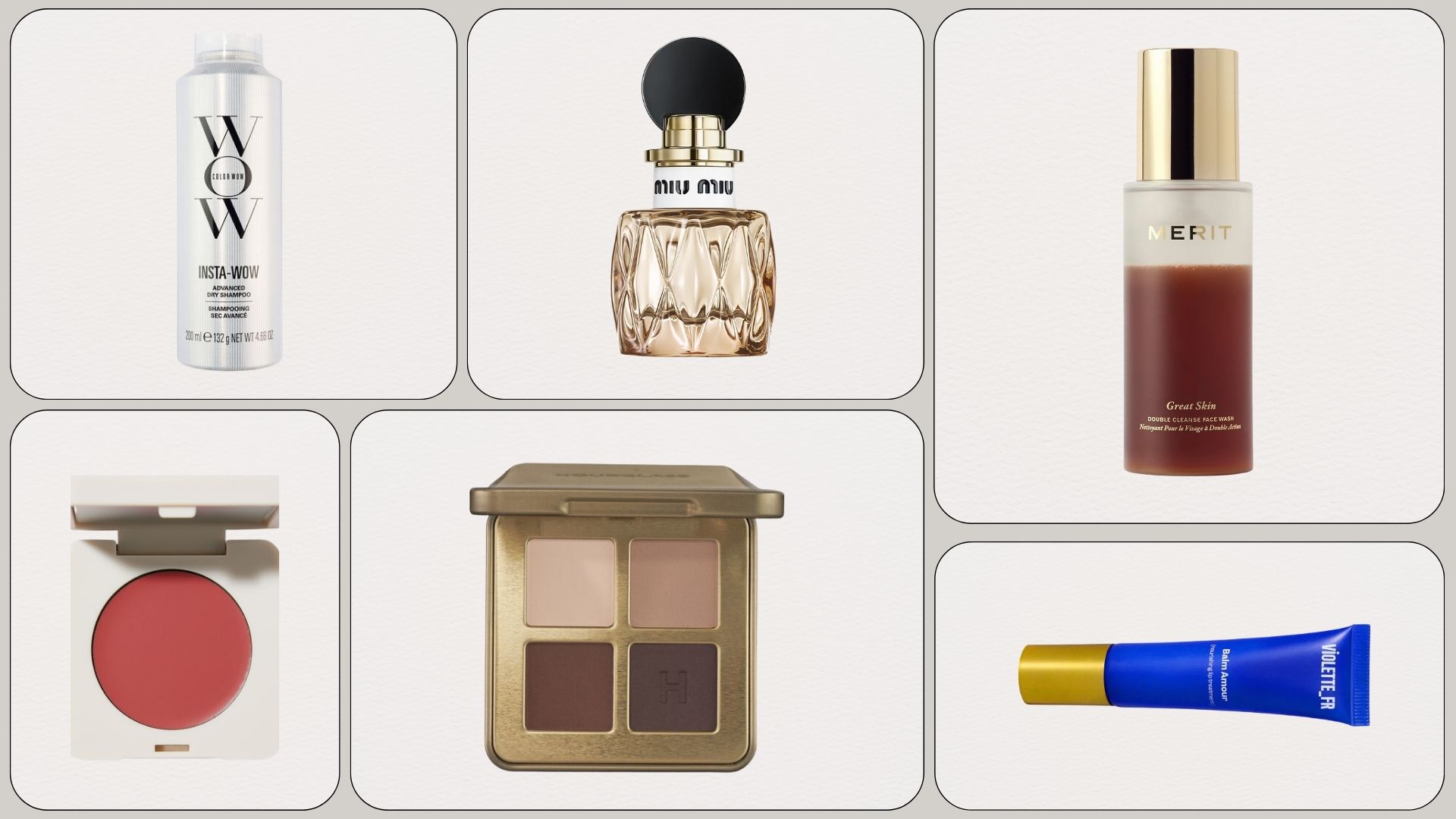 Graphic of the best new beauty products of the month featuring Color Wow, Miu Miu, Merit, Summer Fridays, Hourglass and Violette_Fr products