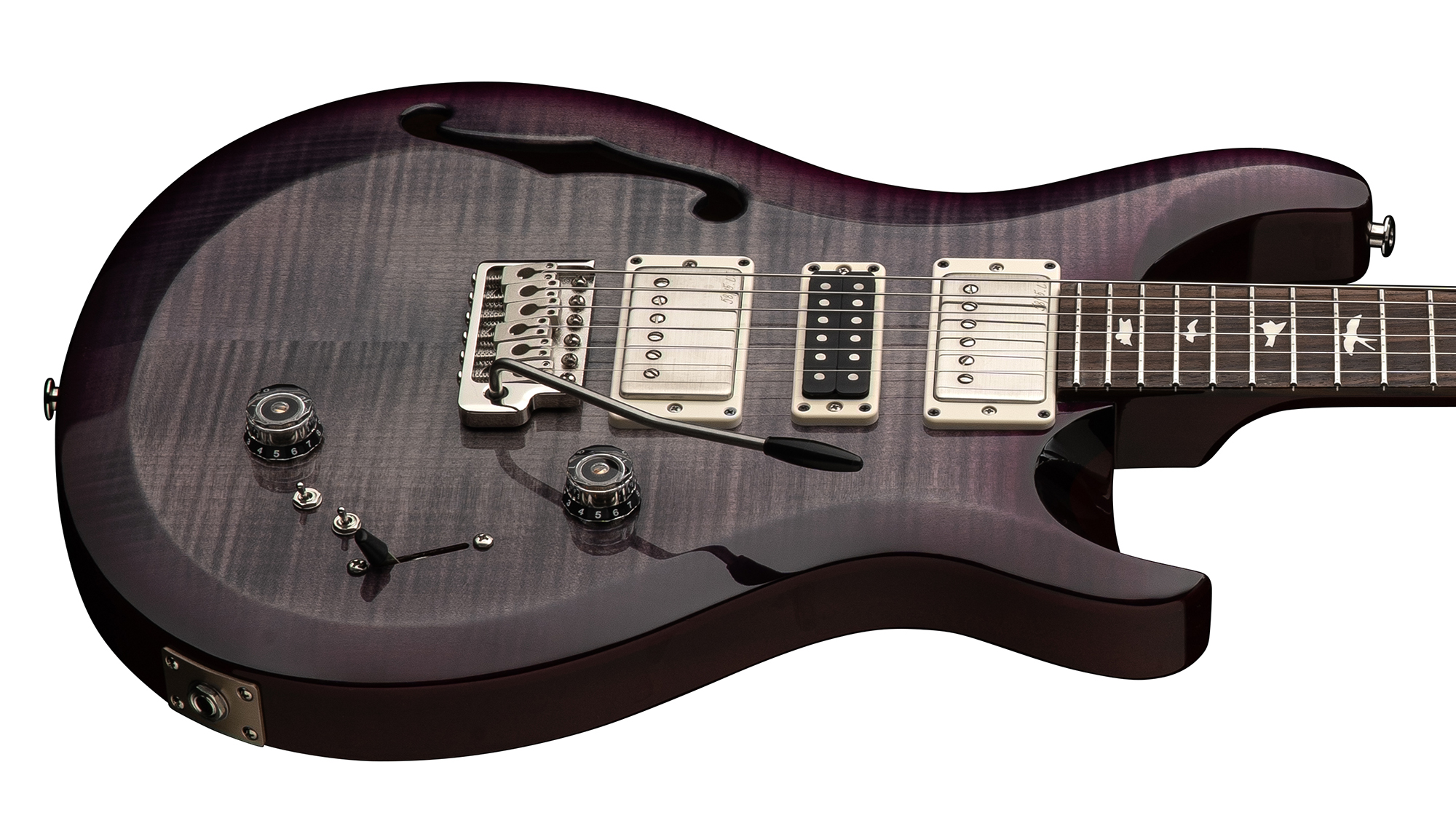 A photo of the PRS S2 Special Semi-Hollow in Faded Gray Black Purple Burst finish