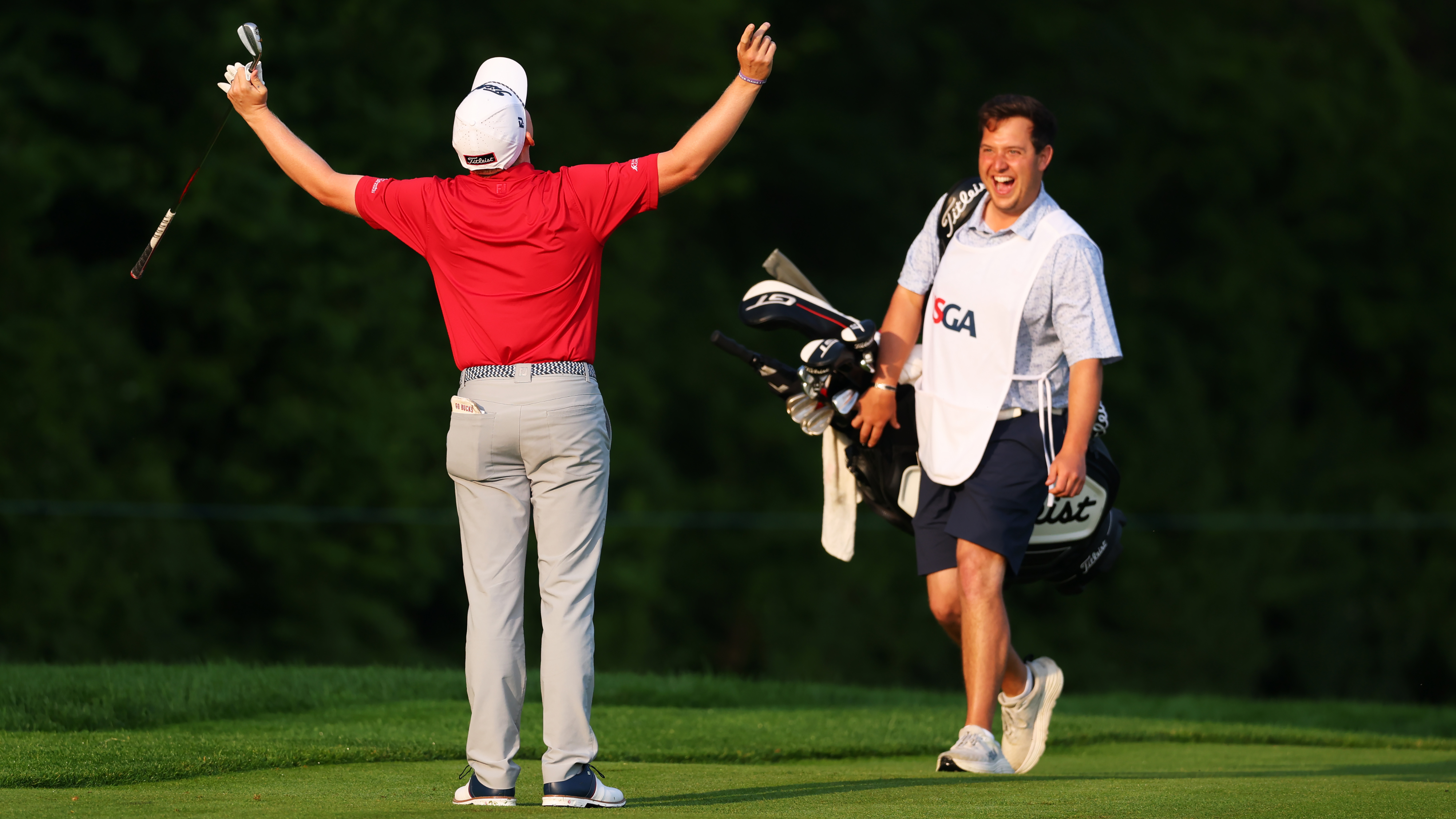 Maxwell Moldovan celebrating looking at the sky with his hands out by his side after his eagle at the first hole of the 2025 US Open