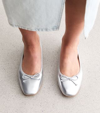 New Look, Silver Metallic Leather-Look Ballerina Pumps