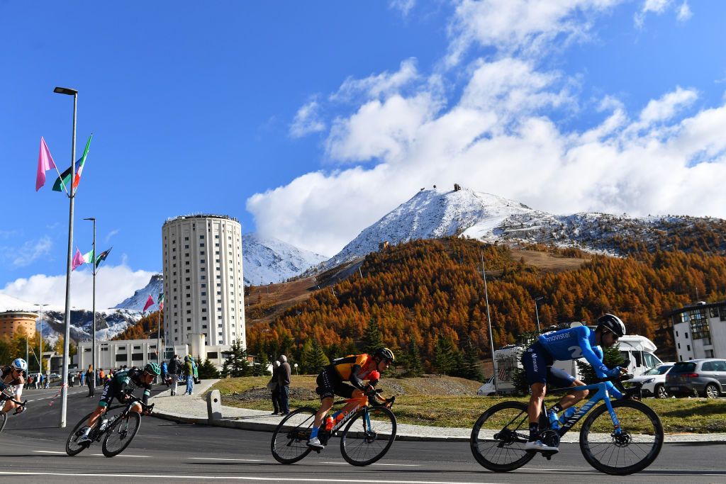 SESTRIERE ITALY OCTOBER 24 Pello Bilbao of Spain and Team Bahrain Mclaren Hector Carretero of Spain and Movistar Team Peloton Sestriere 2035m Landscape Mountains Snow during the 103rd Giro dItalia 2020 Stage 20 a 190km stage from Alba to Sestriere 2035m girodiitalia Giro on October 24 2020 in Sestriere Italy Photo by Stuart FranklinGetty Images