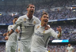 Cristiano Ronaldo celebrates with Sergio Ramos after scoring for Real Madrid against Atletico Madrid in the Champions League semi-finals in May 2017.
