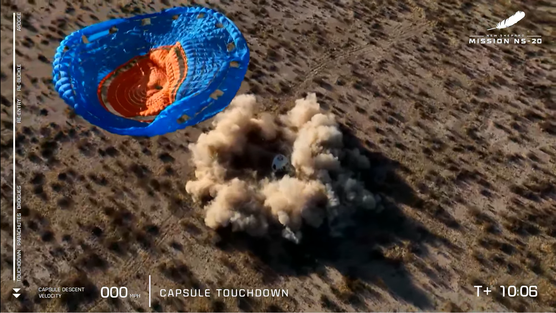 Atterrissage de la capsule NS-20 de Blue Origin.