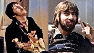 LEFT: CIRCA 1967: Bassist Paul McCartney of the rock and roll band "The Beatles" records bass in the studio in circa 1967. RIGHT: English musician and record producer Glyn Johns in his London home, 2nd January 1975.