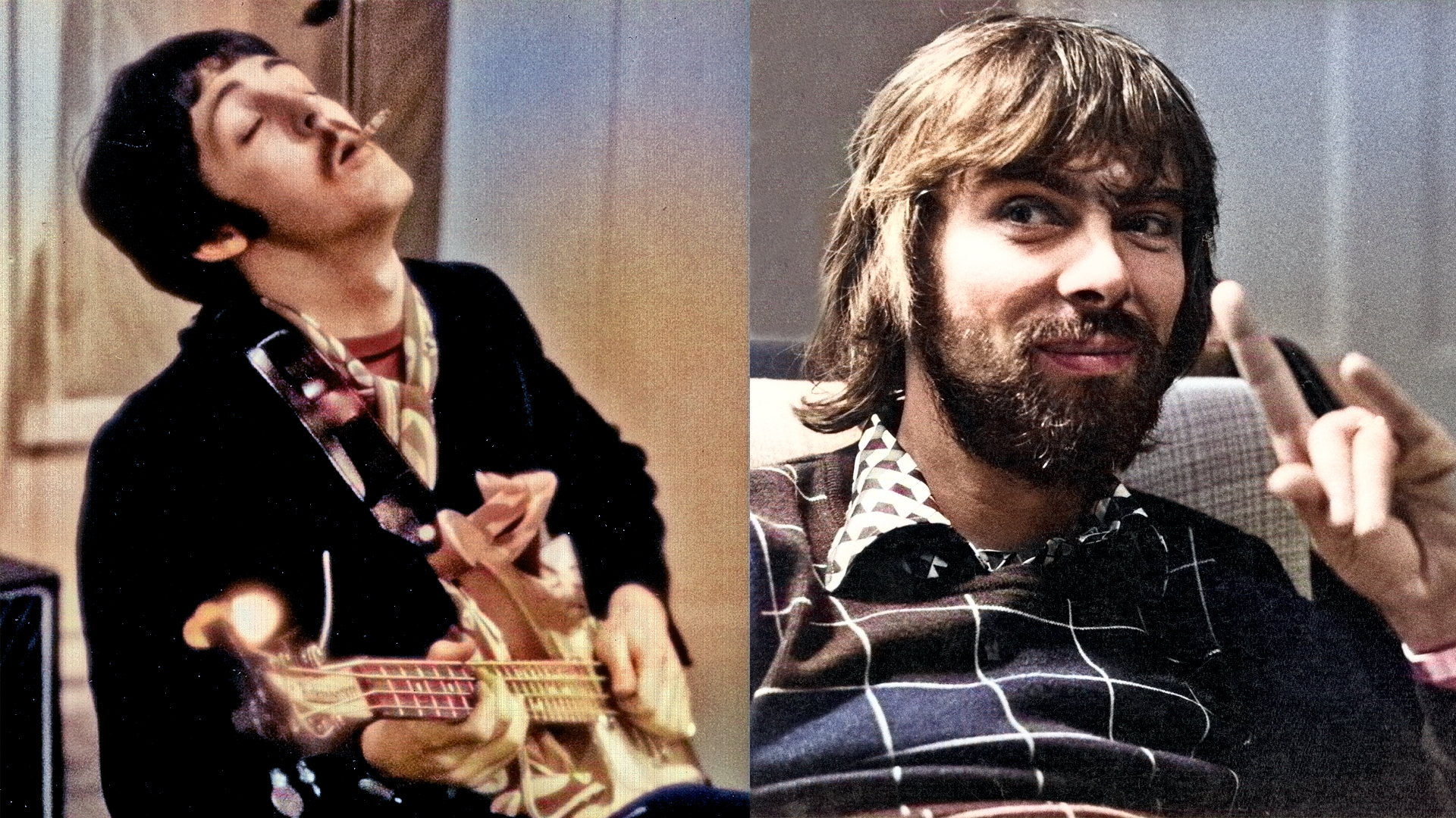 LEFT: CIRCA 1967: Bassist Paul McCartney of the rock and roll band "The Beatles" records bass in the studio in circa 1967. RIGHT: English musician and record producer Glyn Johns in his London home, 2nd January 1975. 