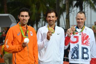 Tom Dumoulin (silver), Fabian Cancellara (gold), Chris Froome (bronze), men's time trial, Rio 2016 Olympic Games