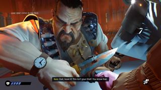 Maruder leader Obin threatens to cut off one of the player's fingers with a big knife, in Tides of Tomorrow