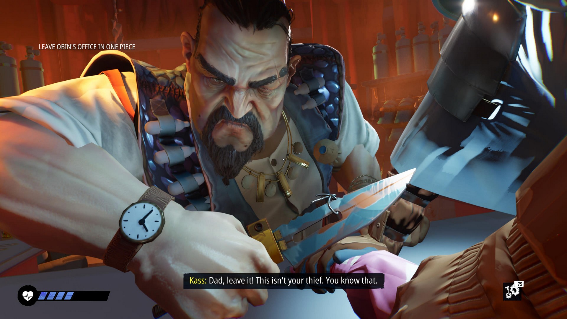 Maruder leader Obin threatens to cut off one of the player's fingers with a big knife, in Tides of Tomorrow