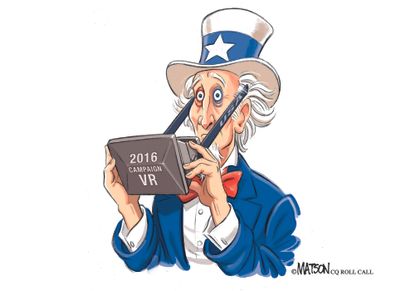 Political cartoon U.S. 2016 election Donald Trump Hillary Clinton Uncle Sam virtual reality