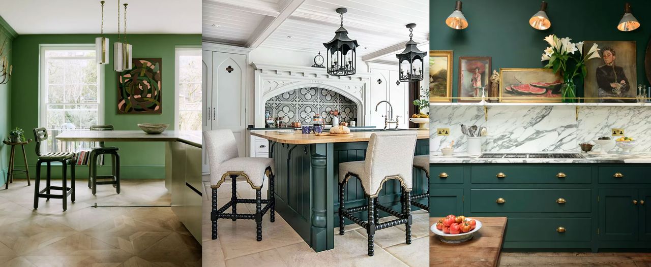 Three green kitchen ideas, including a green painted scheme, a pale gray room with antique green island, and a bottle green scheme with marble backsplash.