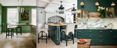 Three green kitchen ideas, including a green painted scheme, a pale gray room with antique green island, and a bottle green scheme with marble backsplash.