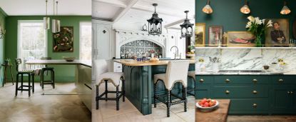 Three green kitchen ideas, including a green painted scheme, a pale gray room with antique green island, and a bottle green scheme with marble backsplash.