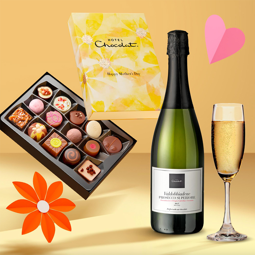 Hotel Chocolat box of chocolates and a bottle of prosecco