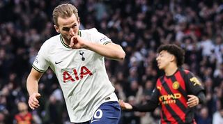 Harry Kane celebrates after scoring for Tottenham against Manchester City in February 2023.