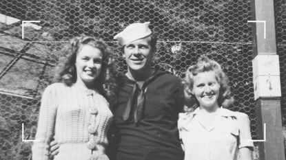 Norma Jeane Baker (left), future film star Marilyn Monroe (1926 - 1962), with her first husband, Merchant Marine James Dougherty (1921 - 2005) and a friend, circa 1943