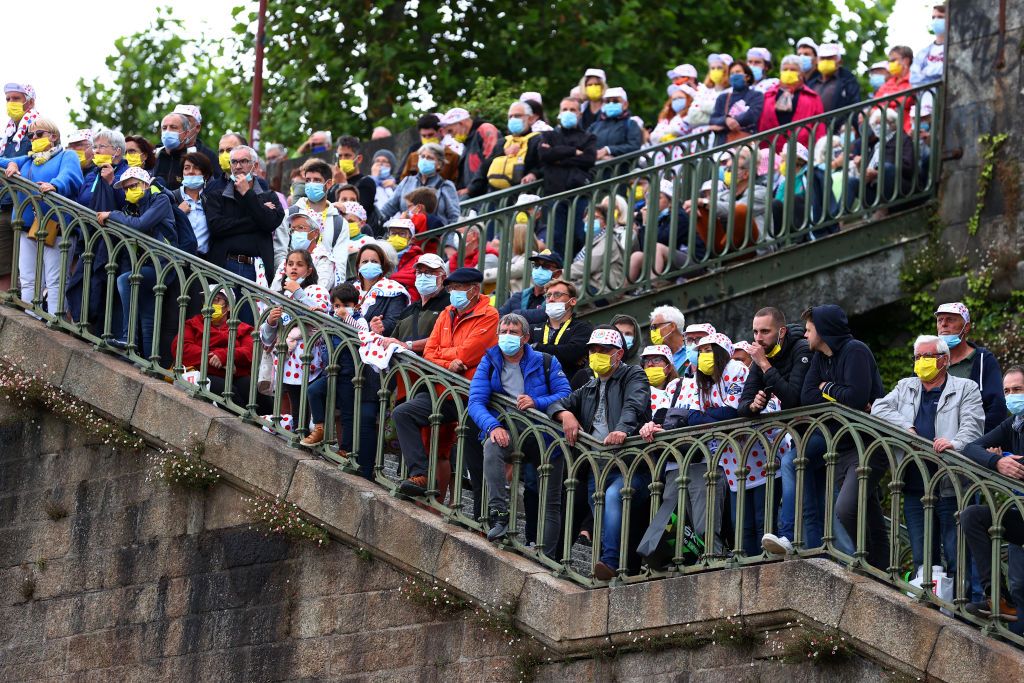 BREST FRANCE JUNE 24 Spectators watching during the 108th Tour de France 2021 Team Presentation Fans Public Covid safety measures Mask LeTour TDF2021 on June 24 2021 in Brest France Photo by Michael SteeleGetty Images
