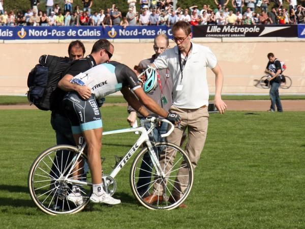 Fabian Cancellara (Leopard Trek), totally spent after the finish of Paris-Roubaix after a futile chase of eventual winner Johan Van Summeren.