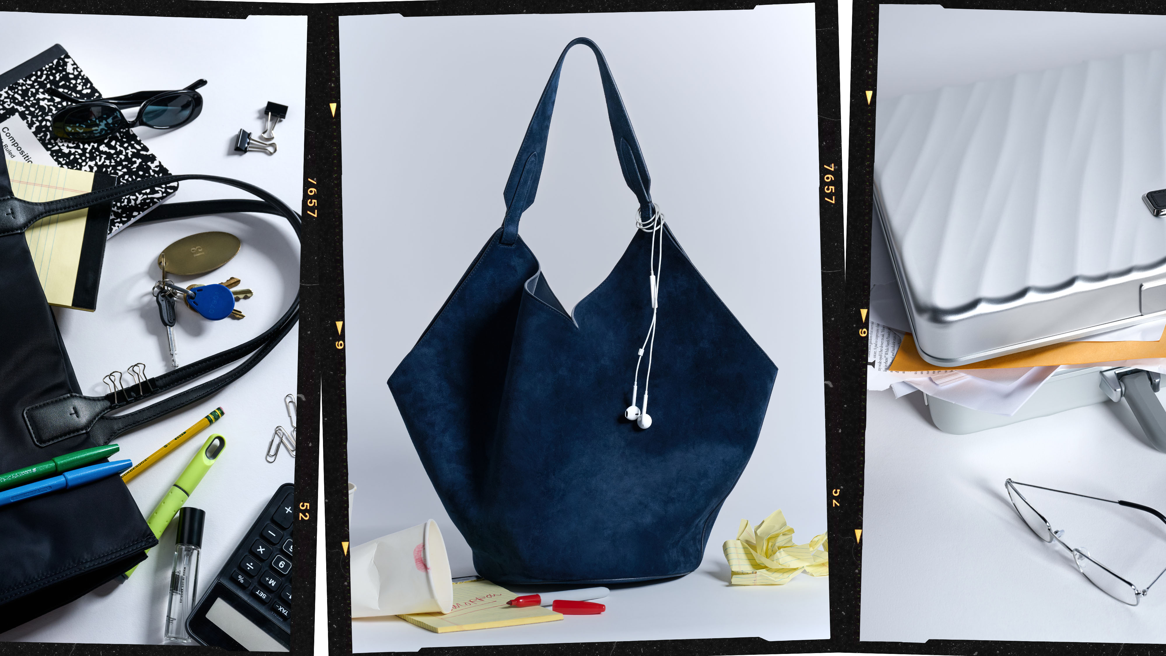A collage of work bags, including a black bag, blue tote bag, and silver briefcase