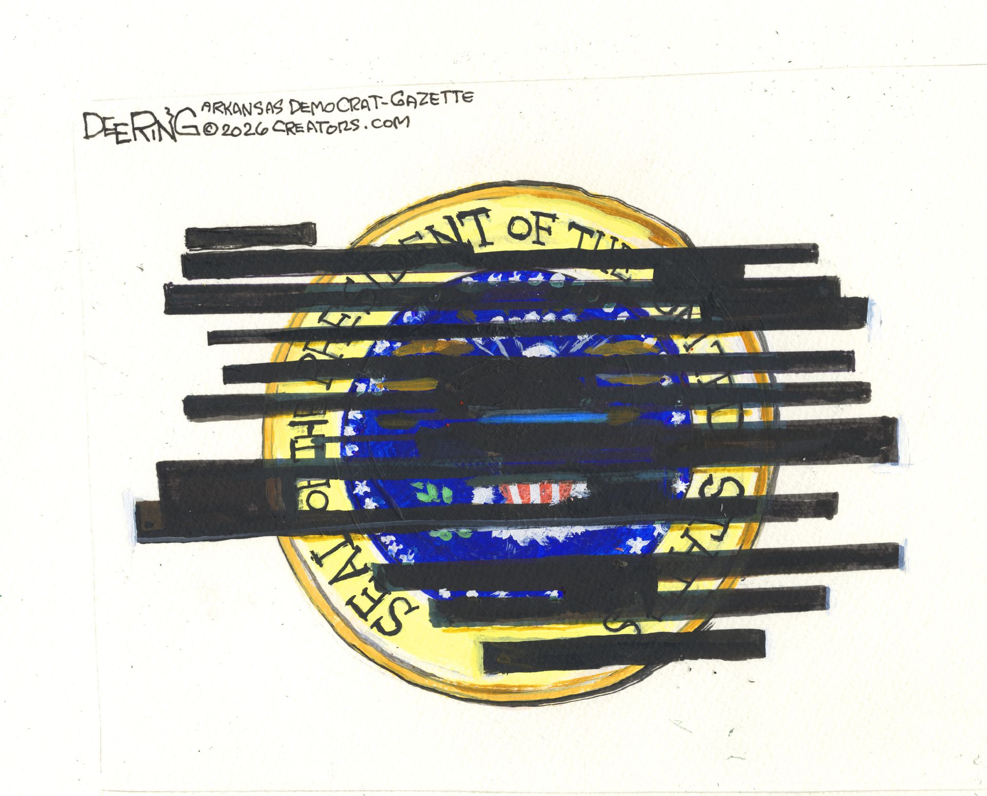 
                                This cartoon depicts the Seal of the President of the United States. It is redacted with a series of dark-colored lines, like the Epstein files.
                            