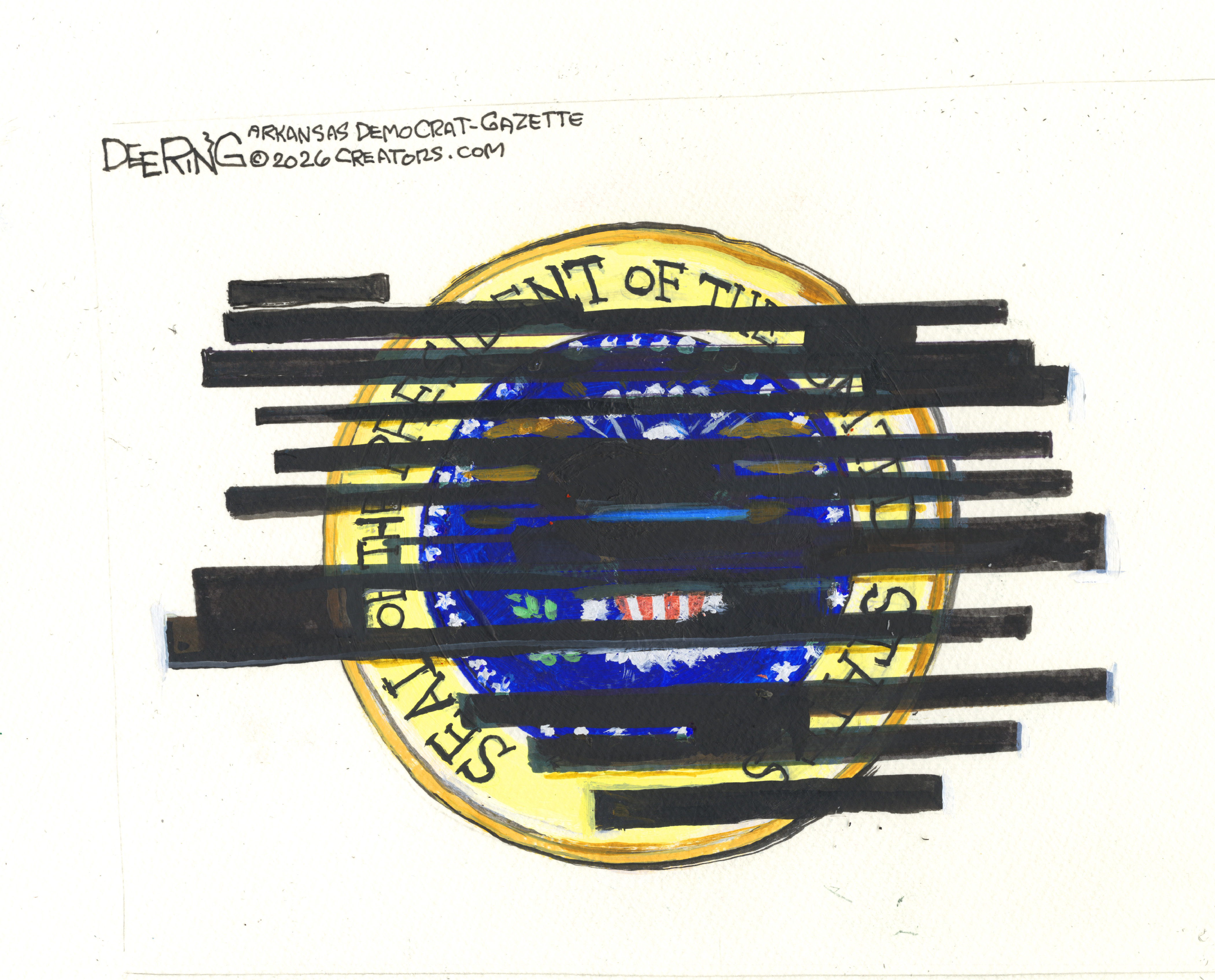This cartoon depicts the Seal of the President of the United States. It is redacted with a series of dark-colored lines, like the Epstein files.