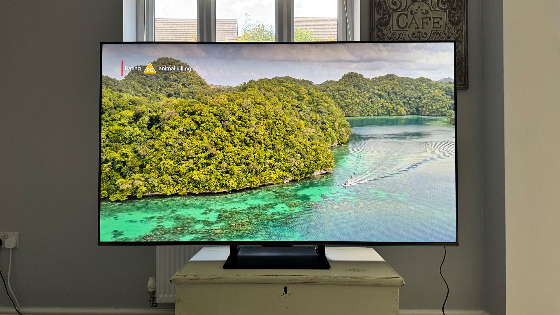 Hisense U7Q Pro Mini LED TV, on screen is aerial view of islands and sea