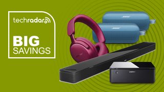 Bose QuietComfort Ultra Headphones, SoundLink Flex speaker, Smart Ultra Soundbar and Music Amplifier, arranged on a green background with "Big Savings" text in white.