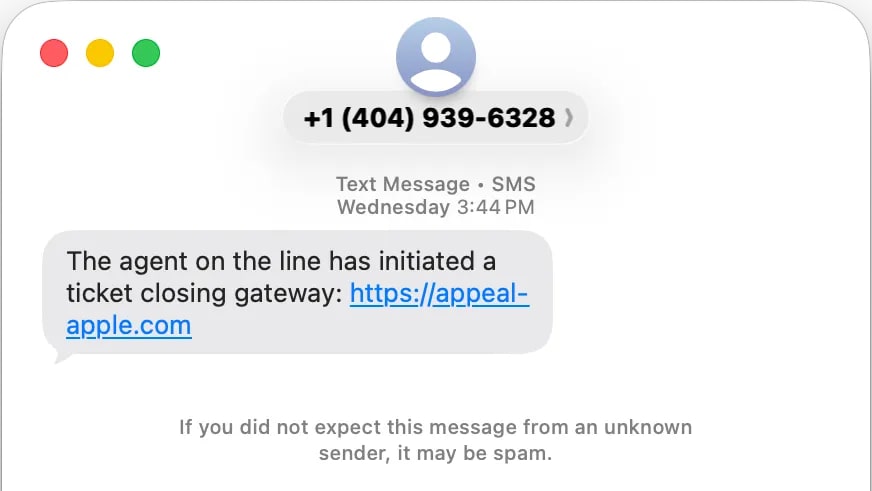 A spoof message sent by a phisher to Eric Moret as part of an Apple Support scam.