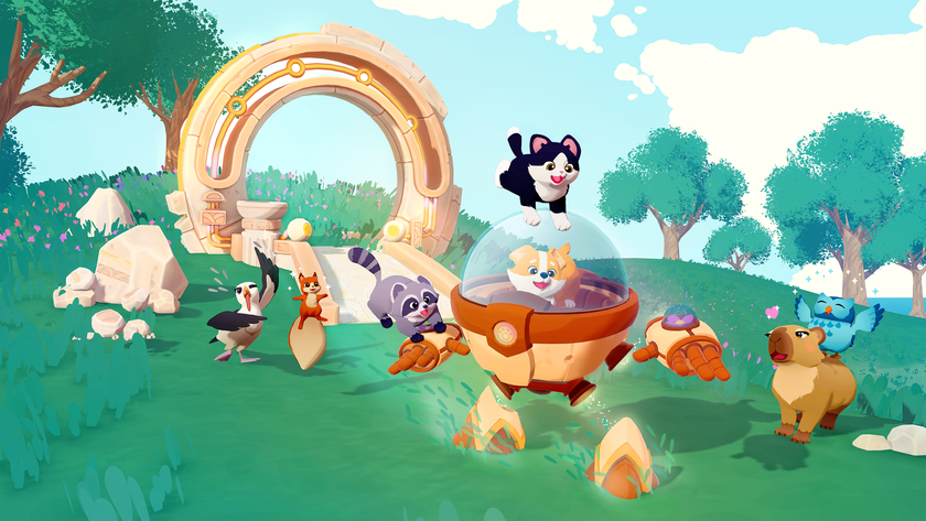 A corgi, cat, and raccoon play around a cute mech suit