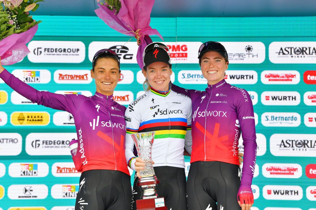PRATO NEVOSO ITALY JULY 03 Ashleigh Moolman Pasio of South Africa 3rd place Anna Van Der Breggen of Netherlands stage winner Demi Vollering of Netherlands and Team SD Worx 2nd place celebrates at podium during the 32nd Giro dItalia Internazionale Femminile 2021 Stage 2 a 1001km stage from Boves to Prato Nevoso Colle del Prel 1607m Champagne GiroDonne UCIWWT on July 03 2021 in Prato Nevoso Italy Photo by Luc ClaessenGetty Images