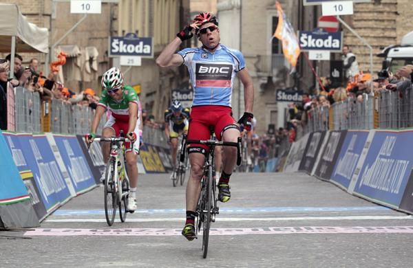 Race leader Cadel Evans (BMC) wins stage six on an uphill finish in Macerata.