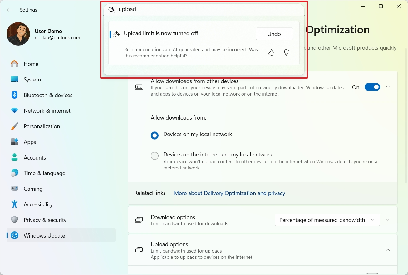 Settings app with AI agent