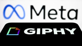 A phone showing the Giphy logo, with the Meta logo behind