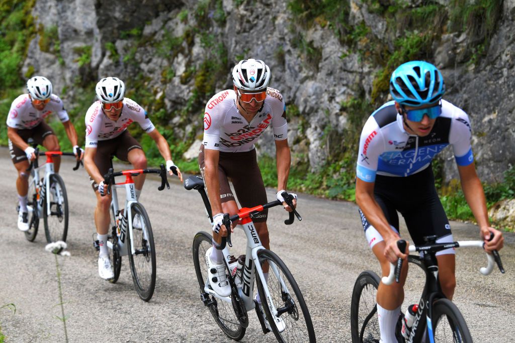 LLEX MONTSJURA FRANCE JULY 31 Aurlien ParetPeintre of France and AG2R Citren Team during the 33rd Tour de lAin 2021 Stage 3 a 125km stage from Izernore to Llex MontsJura 900m tourdelain on July 31 2021 in Llex MontsJura France Photo by Luc ClaessenGetty Images