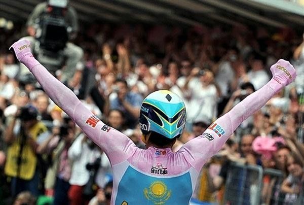 A happy Contador crossed the line with his arms raised.