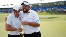 Rory McIlroy of Northern Ireland and Shane Lowry of Ireland celebrate the final round of the Zurich Classic of New Orleans at TPC Louisiana on April 28, 2024 in Avondale, Louisiana.