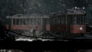 This War of Mine: Forget Celebrations screenshot - woman walking in front of a destroy streetcar 