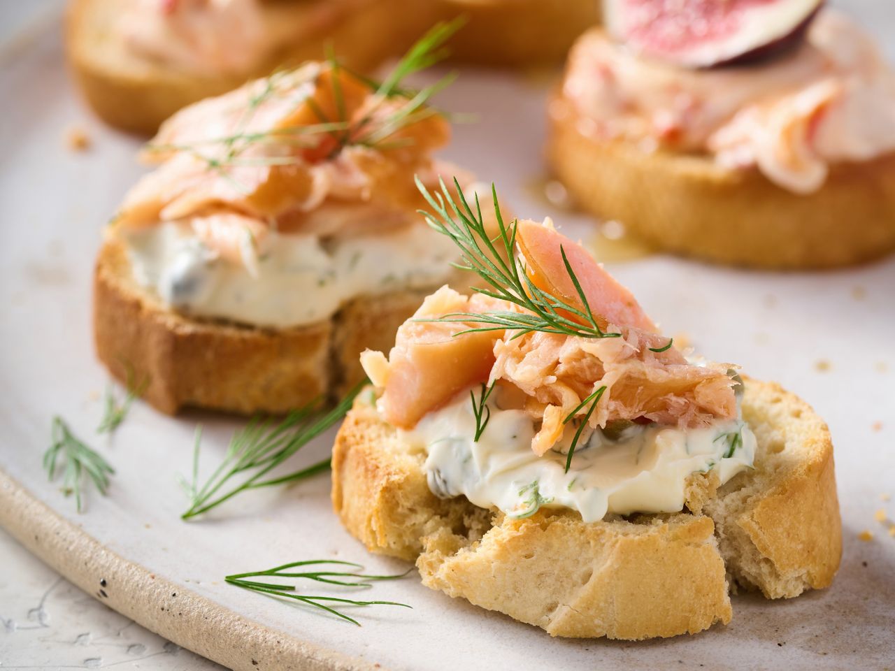 Hot smoked salmon crostini