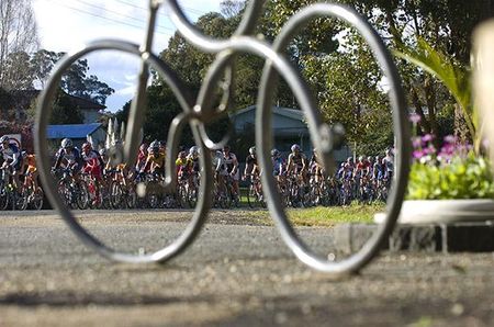 The pelton head past a piece of local artwork near Nowa Nowa on stage seven from Bairnsdale to Lakes Entrance.